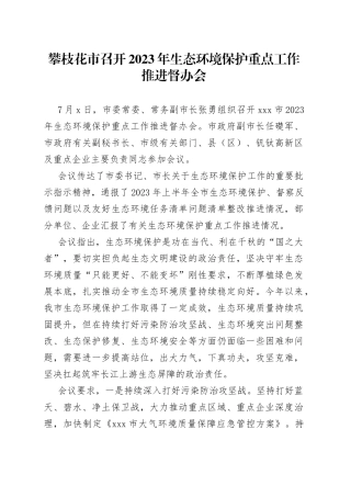 攀枝花市召开2023年生态环境保护重点工作推进督办会