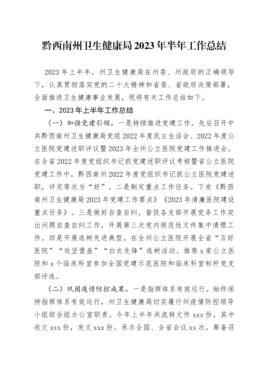 黔西南州卫生健康局2023年半年工作总结_第1页