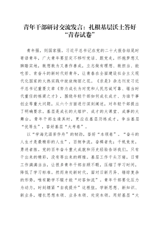 青年干部研讨交流发言：扎根基层沃土 答好“青春试卷”