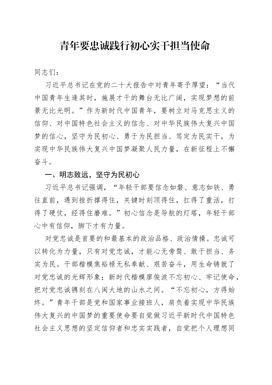 青年要忠诚践行初心 实干担当使命_第1页