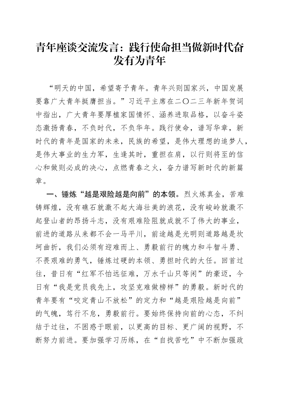 青年座谈交流发言：践行使命担当做新时代奋发有为青年_第1页