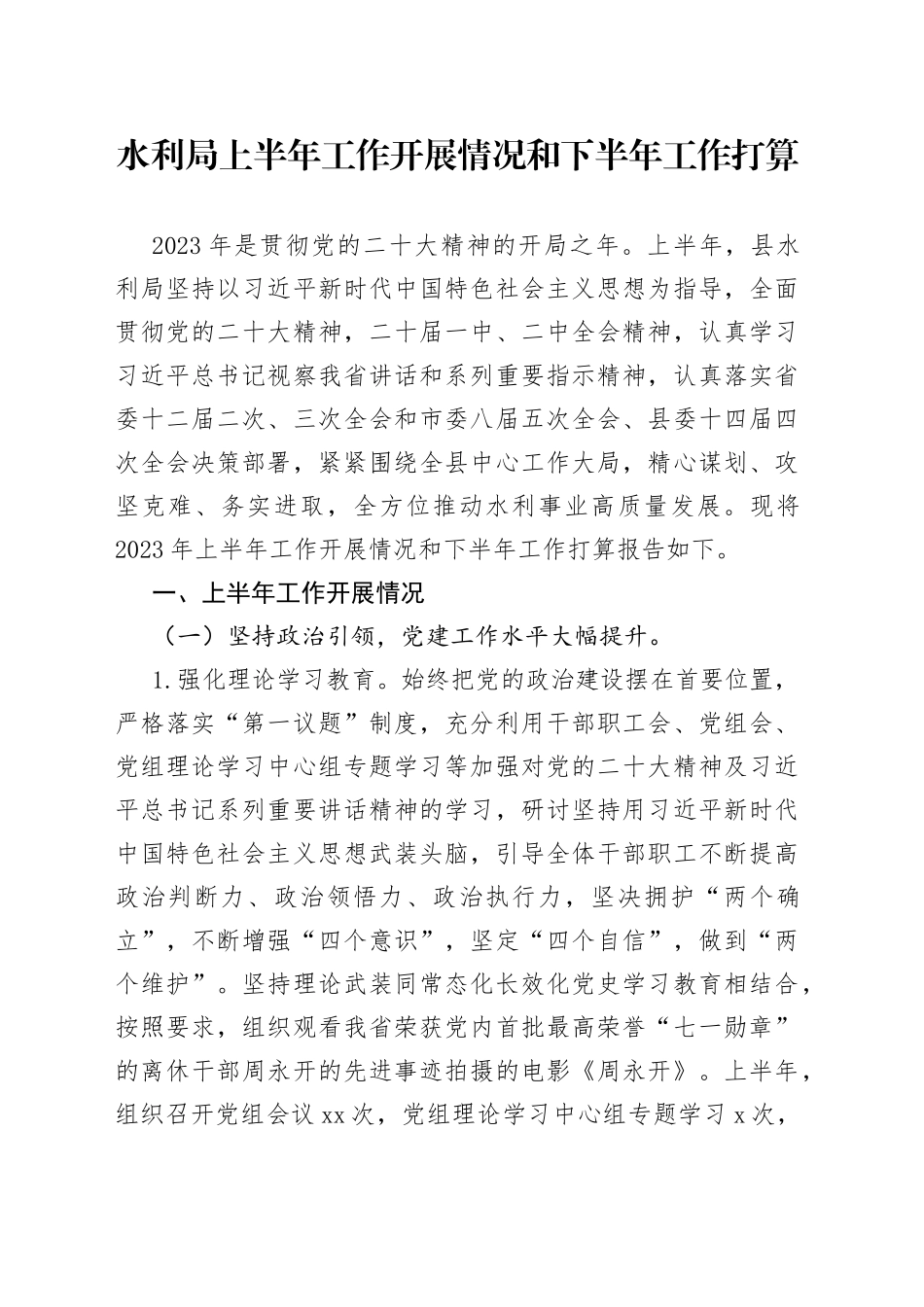 水利局上半年工作开展情况和下半年工作打算_第1页