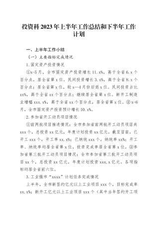 投资科2023年上半年工作总结和下半年工作计划（20230808）
