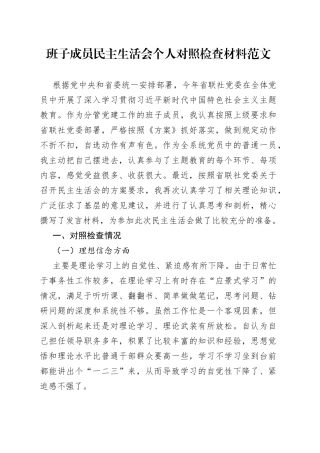 班子成员民主生活会个人对照检查材料（检视剖析，发言提纲）