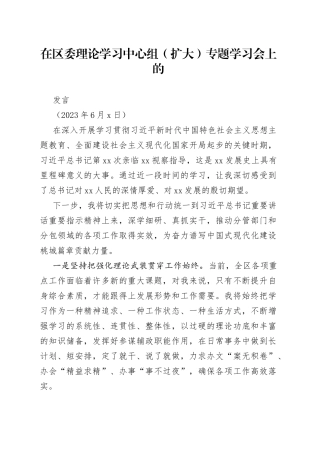 办公室主任在区委理论学习中心组（扩大）专题学习会上的发言（2023年6月5日）
