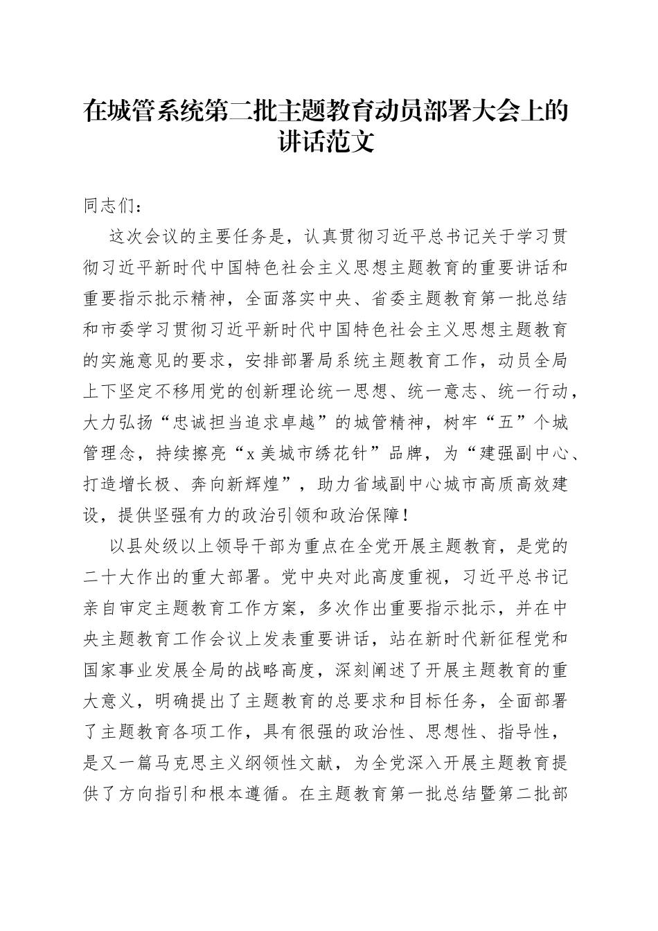 城管系统第二批主题教育动员部署大会讲话局工作会议_第1页