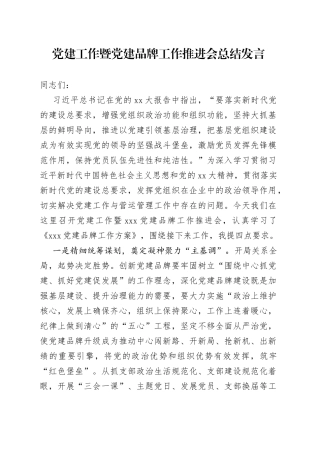 党建工作暨党建品牌工作推进会总结发言