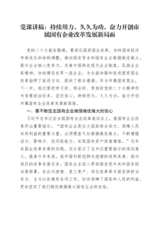 党课：持续用力，久久为功，奋力开创市属国有企业改革发展新局面