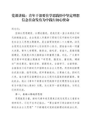党课：青年干部要在学思践悟中坚定理想信念 在奋发有为中践行初心使命