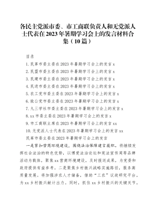各民主党派市委、市工商联负责人和无党派人士代表在2023年暑期学习会上的发言材料合集（10篇）