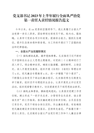 党支部书记2023年上半年履行全面从严治党第一责任人责任报告（工作汇报总结）