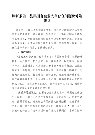 调研报告：县属国有企业改革存在问题及对策建议