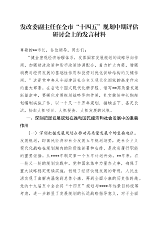 发改委副主任在全市“十四五”规划中期评估研讨会上的发言材料