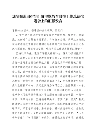 法院在巡回指导组阶主题教育段性工作总结推进会上的汇报发言
