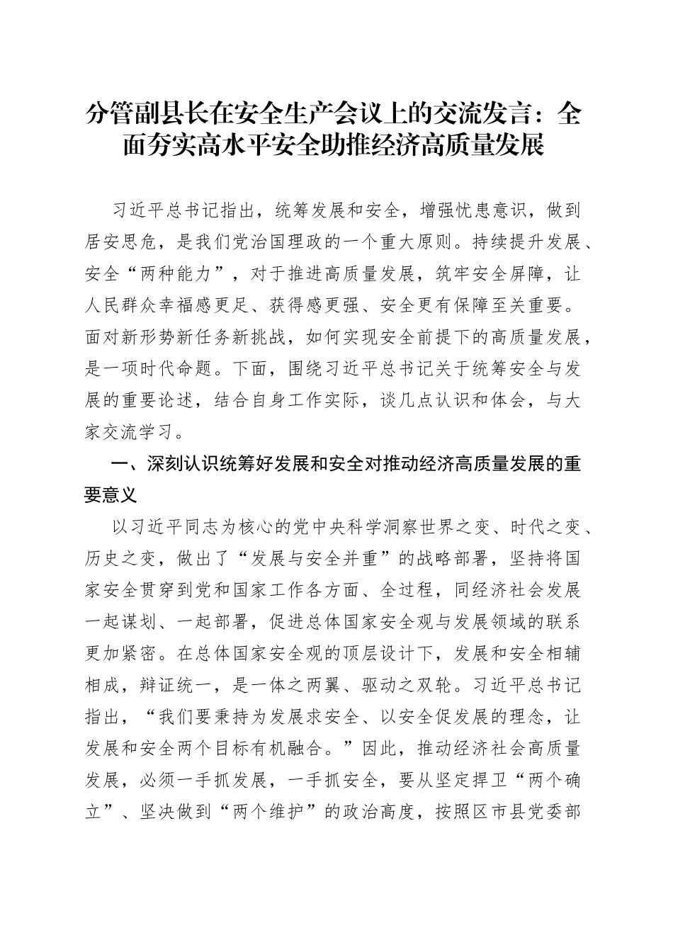 分管副县长在安全生产会议上的交流发言：全面夯实高水平安全助推经济高质量发展_第1页