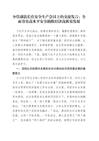 分管副县长在安全生产会议上的交流发言：全面夯实高水平安全助推经济高质量发展