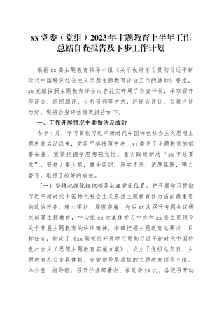 分享254—XX党委（党组）2023年主题教育上半年工作总结自查报告及下步工作计划