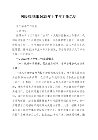 风险管理部2023年上半年工作总结及下半年工作计划
