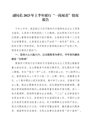 副局长2023年上半年履行“一岗双责”情况报告