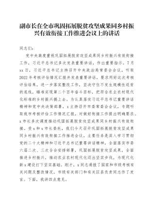 副市长在全市巩固拓展脱贫攻坚成果同乡村振兴有效衔接工作推进会议上的讲话