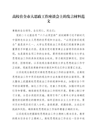 高校在全市大思政工作座谈会上的发言材料大学生思想政治研讨