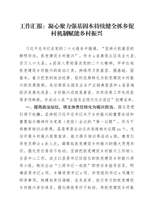 工作汇报：凝心聚力强基固本持续健全抓乡促村机制赋能乡村振兴