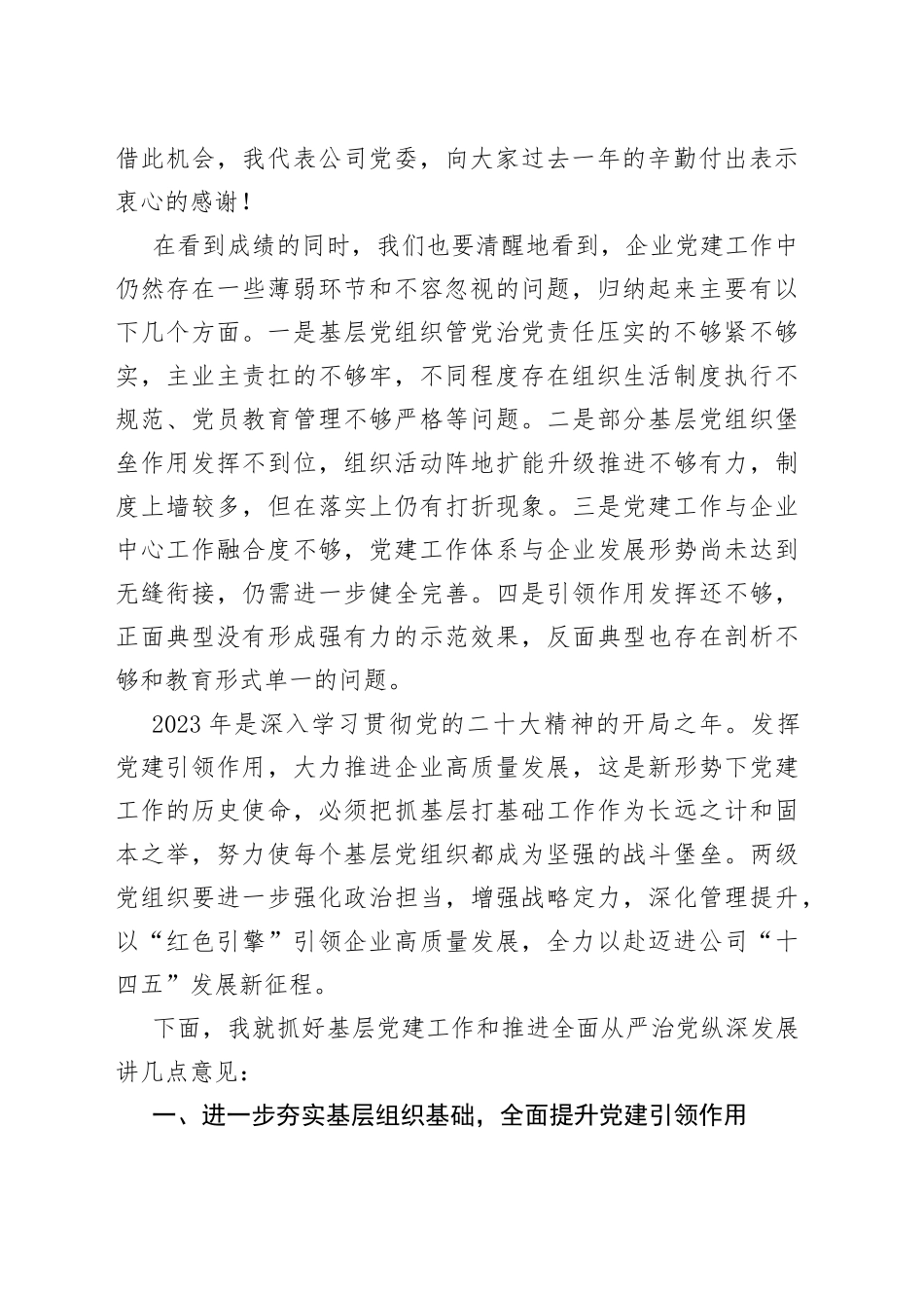 公司党委书记在2023年基层党建工作述职评议考核会暨全面从严治党（党建）工作会上的讲话_第2页