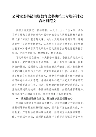 公司党委书记主题教育读书班第二专题研讨发言材料集团企业学习心得体会