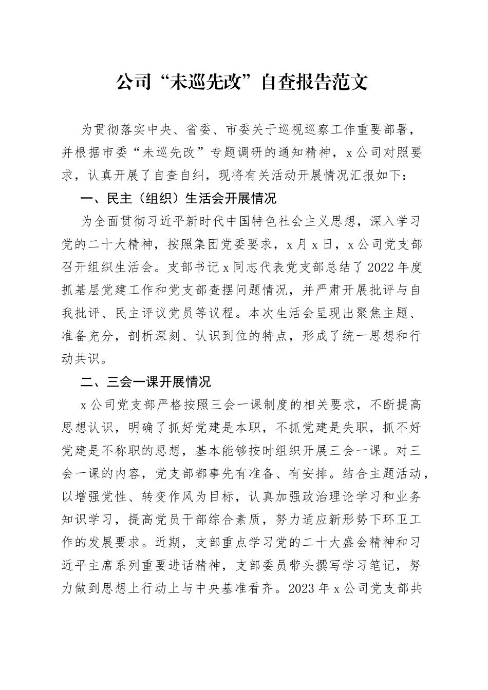 公司未巡先改自查报告c生活会三会一课发展党员党费企业工作汇报总结_第1页