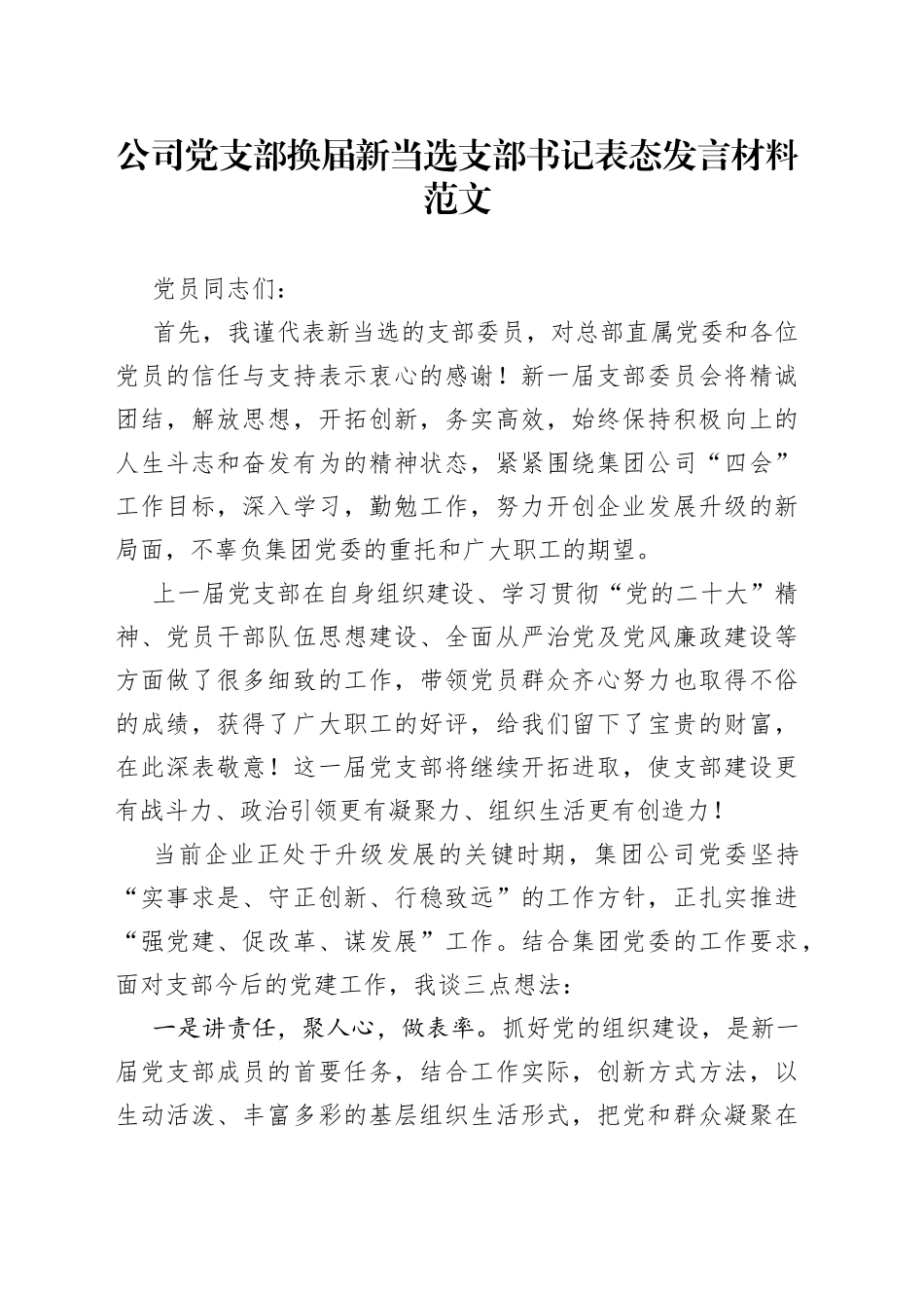 公司支部换届新当选支部书记表态发言材料企业党_第1页