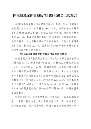 国家耕地保护督察反馈问题检视会上的发言