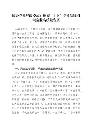 国企党建经验交流：擦亮“1 N”党建品牌引领企业高质量发展