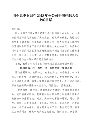 国企党委书记在2023年分公司干部任职大会上的讲话