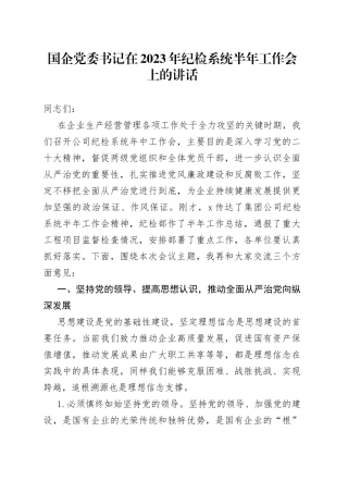 国企党委书记在2023年纪检系统半年工作会上的讲话