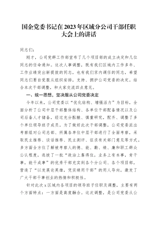 国企党委书记在2023年区域分公司干部任职大会上的讲话