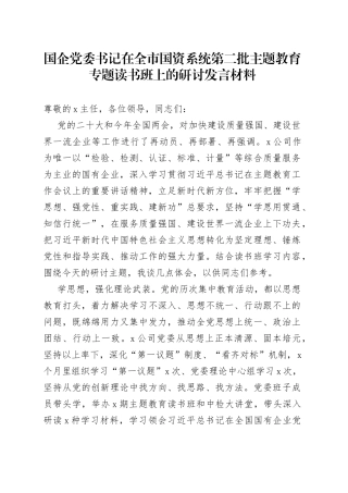 国企党委书记在全市国资系统第二批主题教育专题读书班上的研讨发言材料