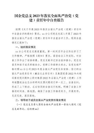 国企党总支2023年落实全面从严治党（党建）责任年中自查报告