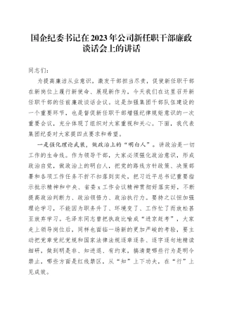 国企纪委书记在2023年公司新任职干部廉政谈话会上的讲话