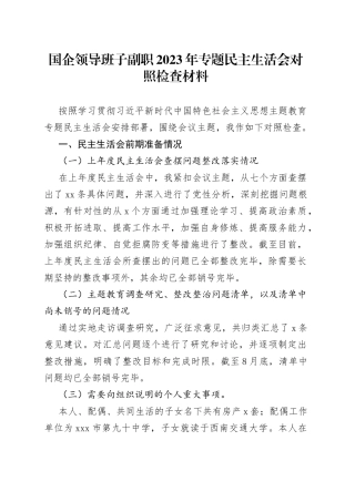国企领导班子副职2023年专题民主生活会对照检查材料