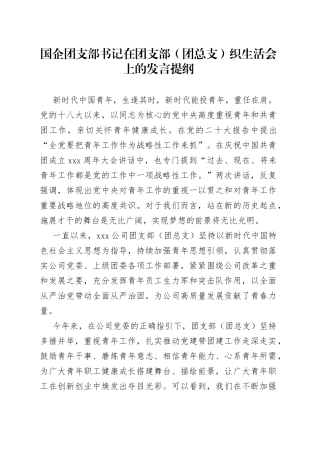 国企团支部书记在团支部（团总支）织生活会上的发言提纲