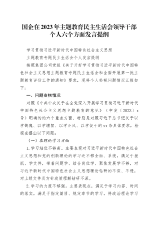 国企在2023年主题教育民主生活会领导干部个人六个方面发言提纲