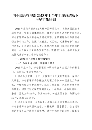 国企综合管理部2023年上半年工作总结及下半年工作计划