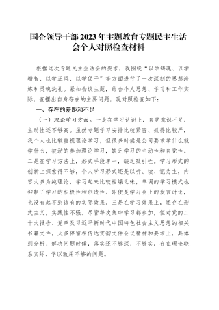 国有企业分管领导2023年主题教育专题民主生活会个人对照检查材料（学习、素质、能力、担当作为、作风，检视剖析，发言提纲，公司，六个方面，范文材料）