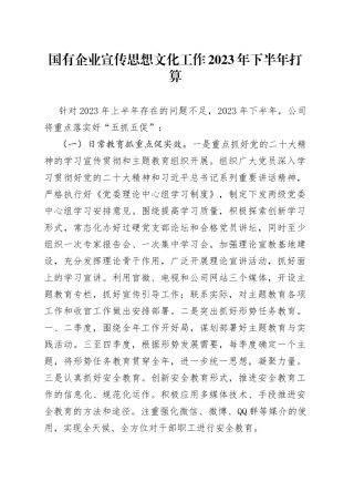 国有企业宣传思想文化工作2023年下半年打算