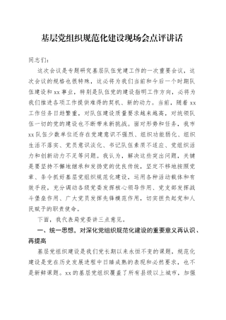 基层党组织规范化建设现场会点评讲话