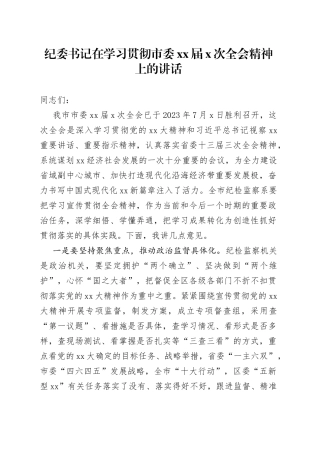 纪委书记在学习贯彻市委XX届X次全会精神上的讲话
