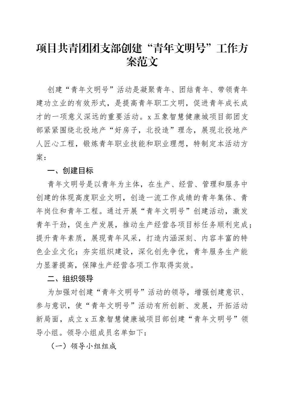 项目共青团团支部创建青年文明号工作方案实施_第1页