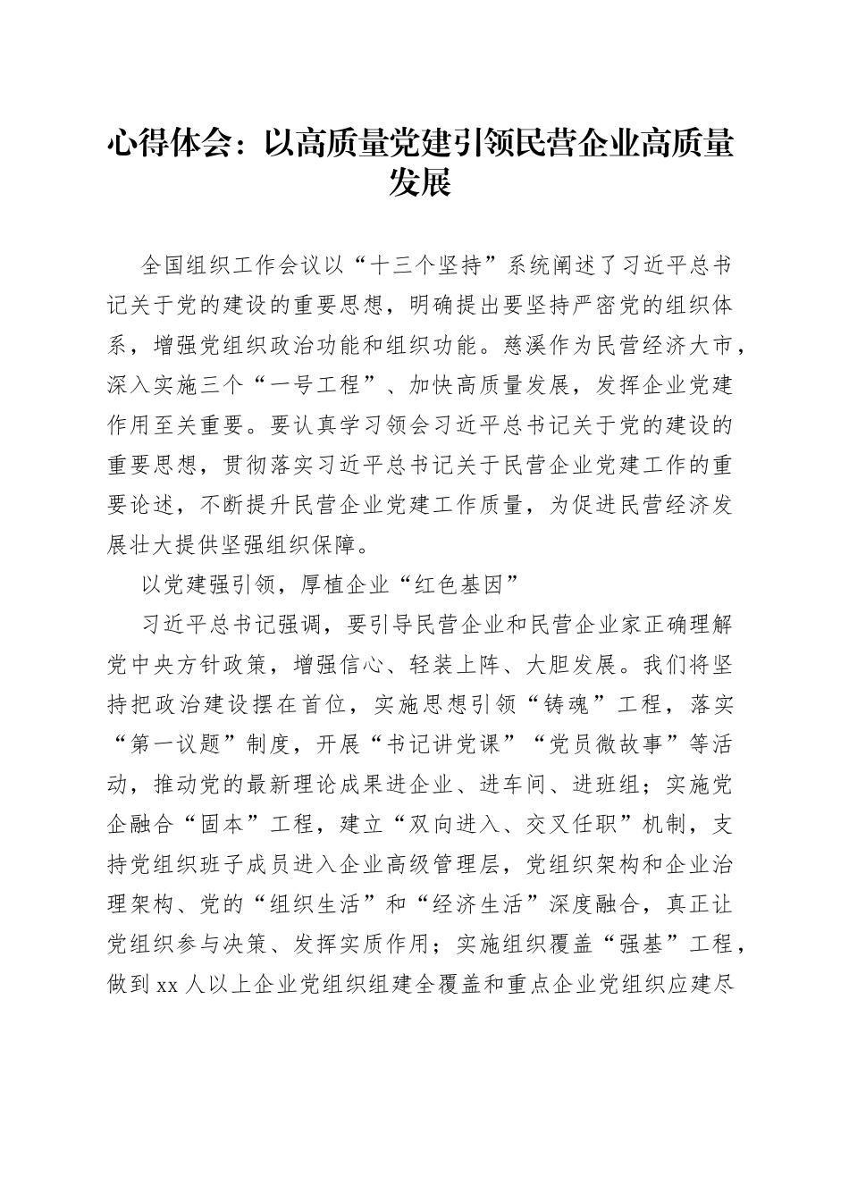 心得体会：以高质量党建引领民营企业高质量发展_第1页