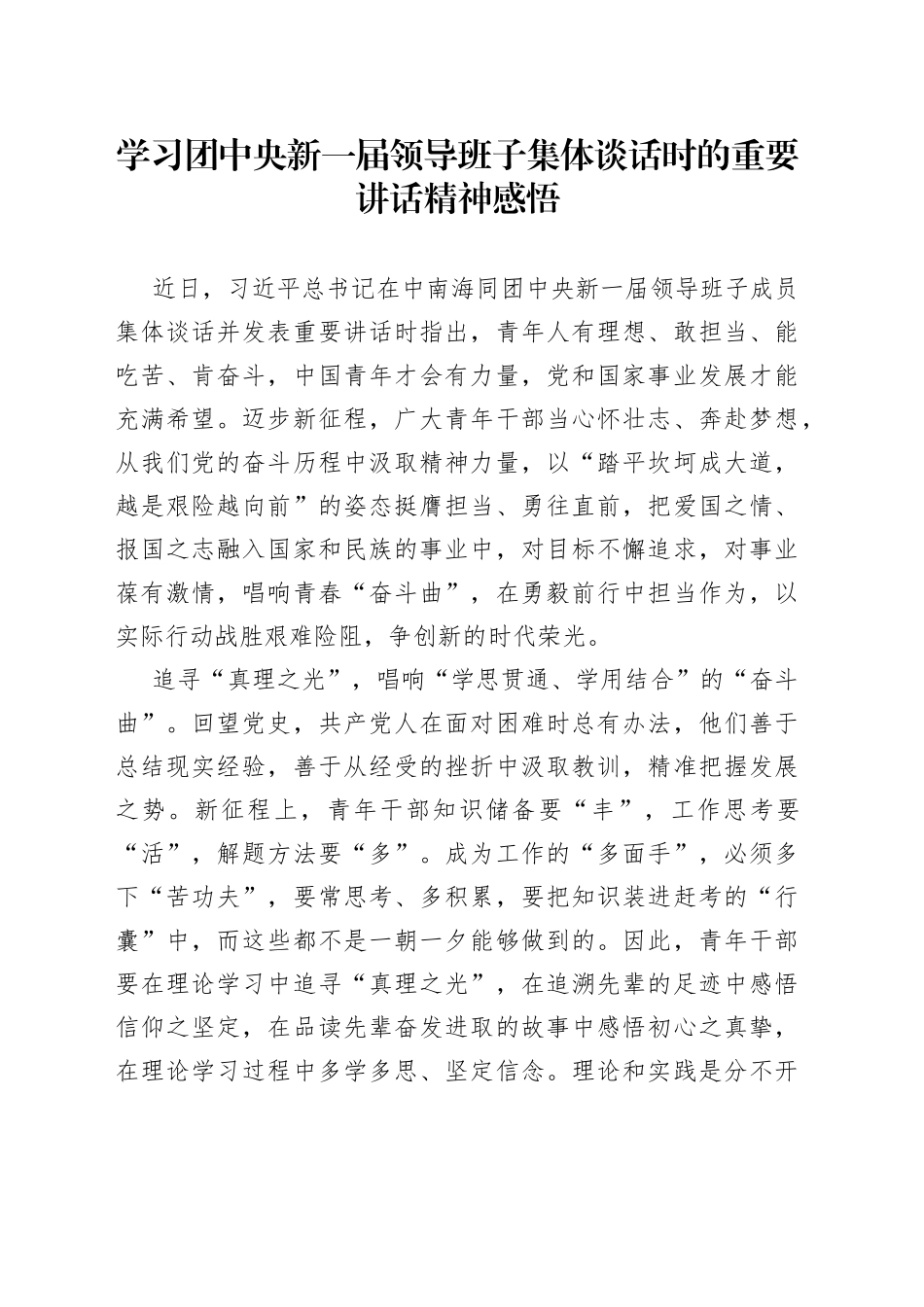 学习团中央新一届领导班子集体谈话时的重要讲话精神感悟_第1页