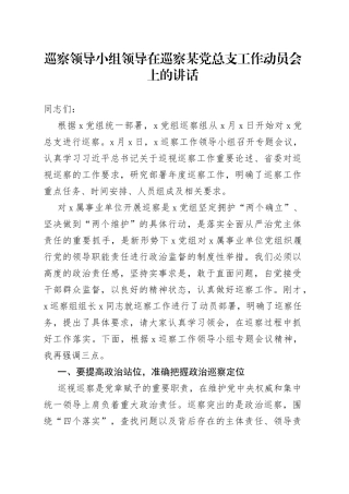 巡察领导小组领导在巡察某党总支工作动员会上的讲话